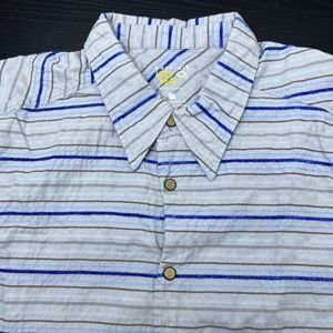 Mountain Hardwear‎ Mens Large Grey w/Blue Stripes with/Snaps Hiking Shirt